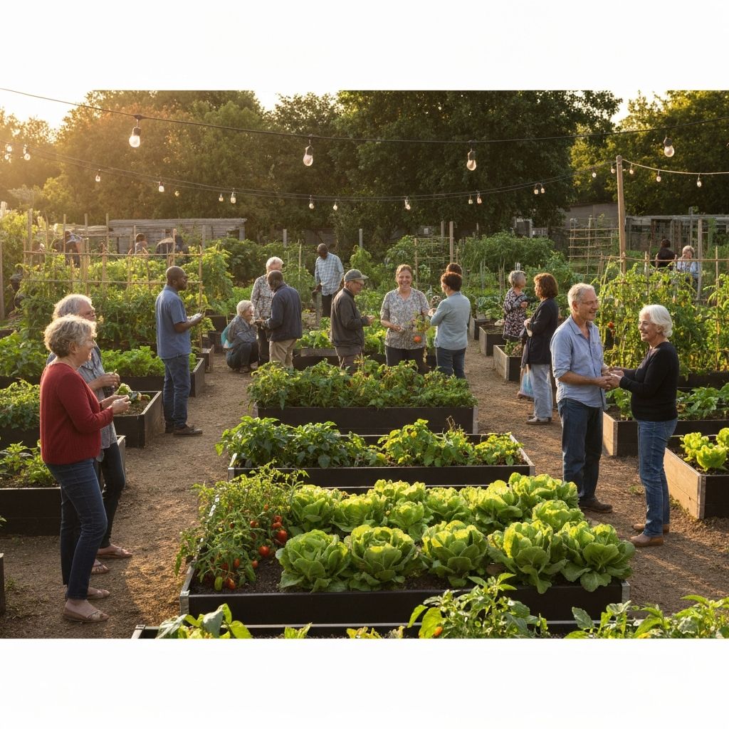Community garden gathering at dusk with string lights and raised garden beds