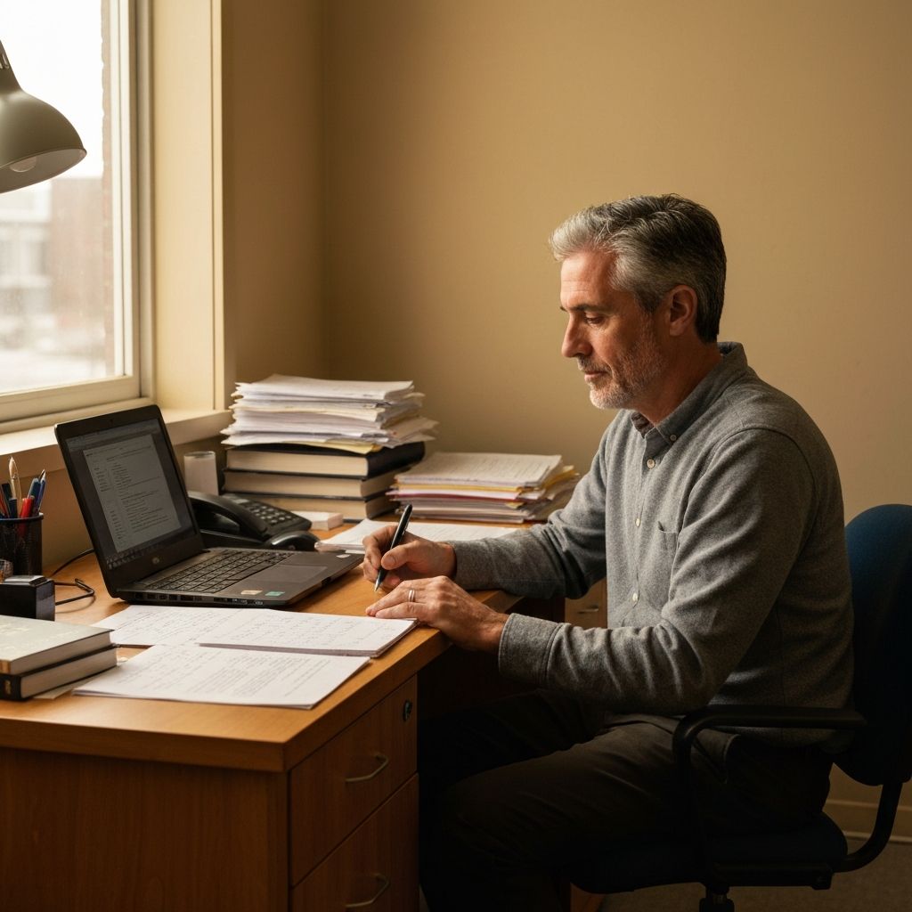 Portrait of a nonprofit staff member at his desk in warm window light