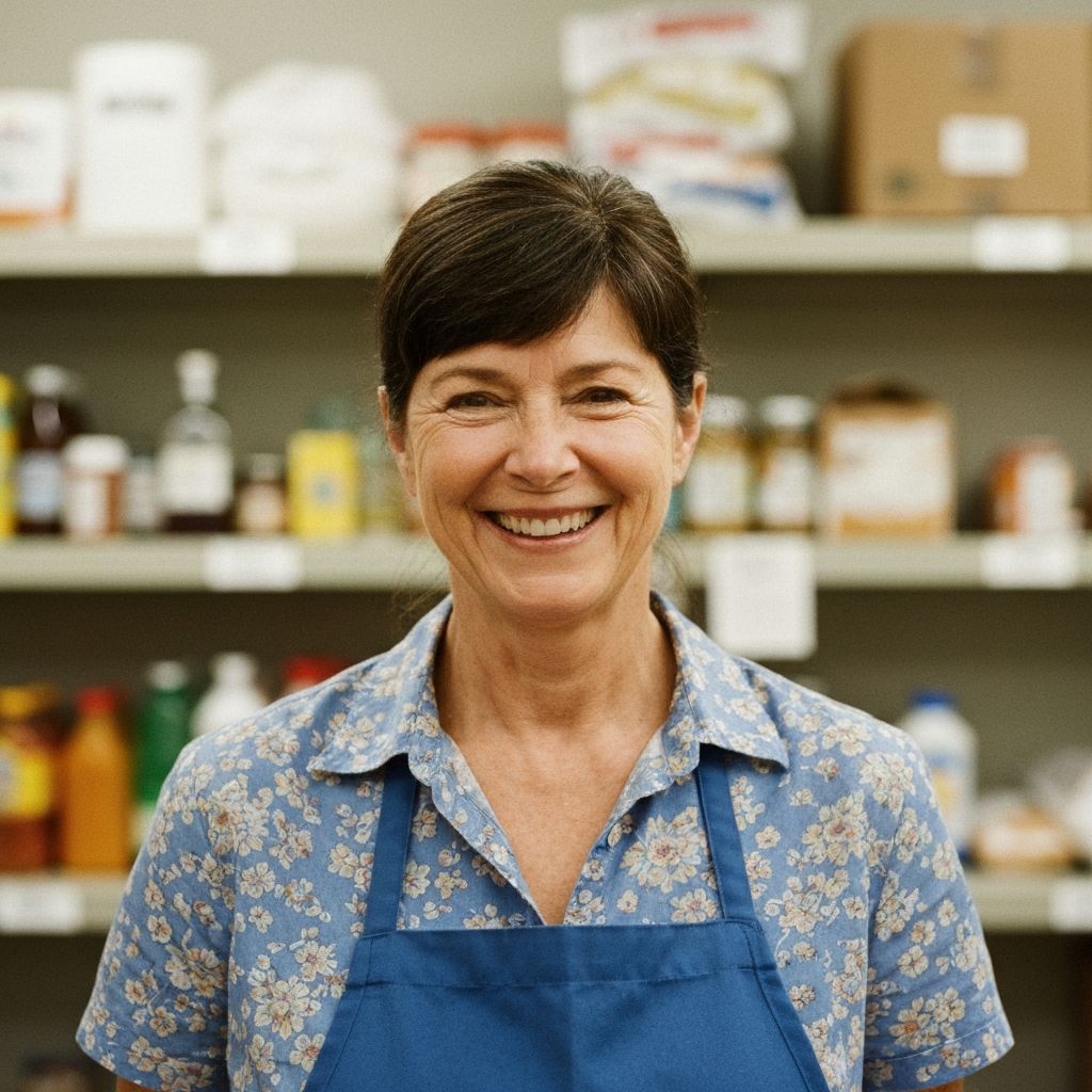 Volunteer woman smiling warmly inside a community food pantry