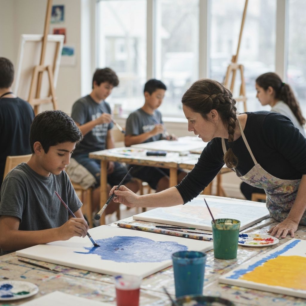 Teenagers painting together in a bright community art studio